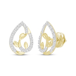 Diamond Leaf Teardrop Frame Earrings 1/5 ct tw 10K Yellow Gold