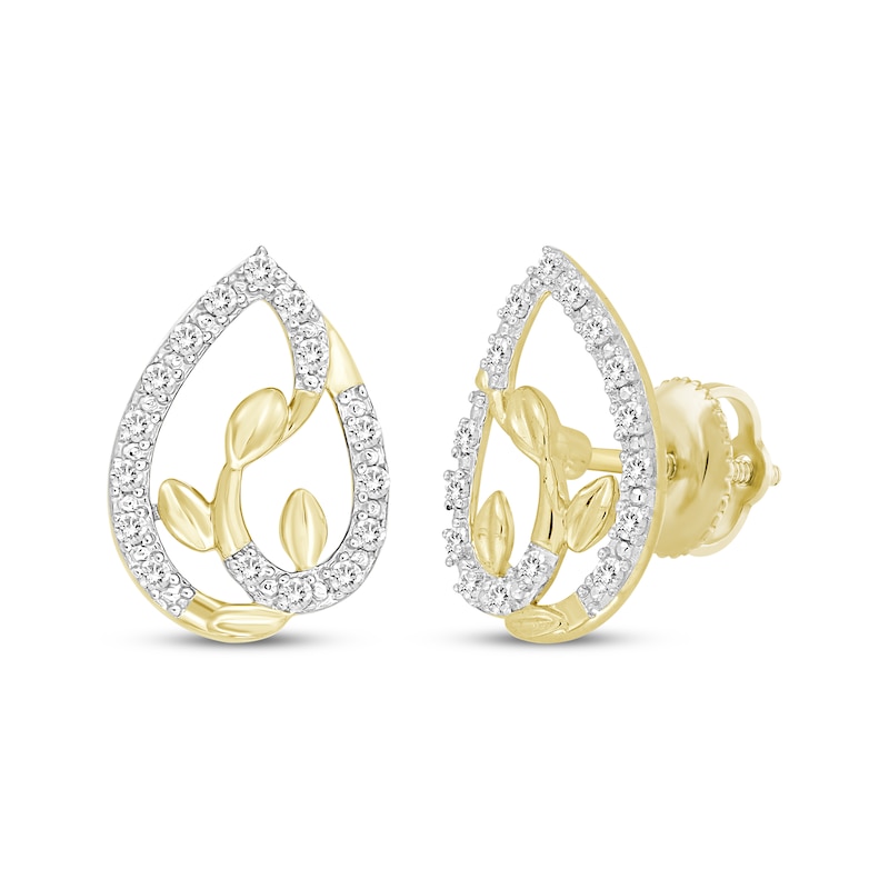 Main Image 1 of Diamond Leaf Teardrop Frame Earrings 1/5 ct tw 10K Yellow Gold