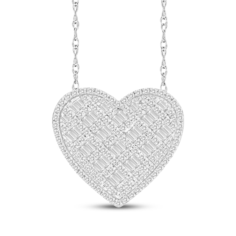 Main Image 1 of Baguette & Round-Cut Diamond Heart Necklace 1/2 ct tw 10K White Gold 18&quot;