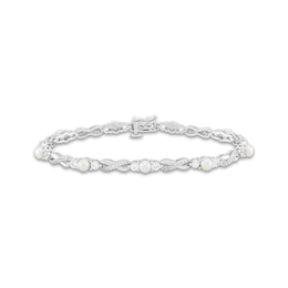 Cultured Pearl & White Lab-Created Sapphire Crisscross Link Bracelet Sterling Silver 7.25&quot;