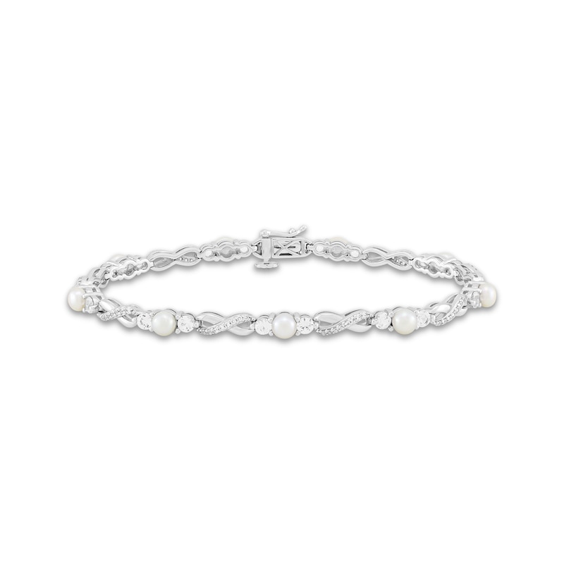 Main Image 1 of Cultured Pearl & White Lab-Created Sapphire Crisscross Link Bracelet Sterling Silver 7.25&quot;