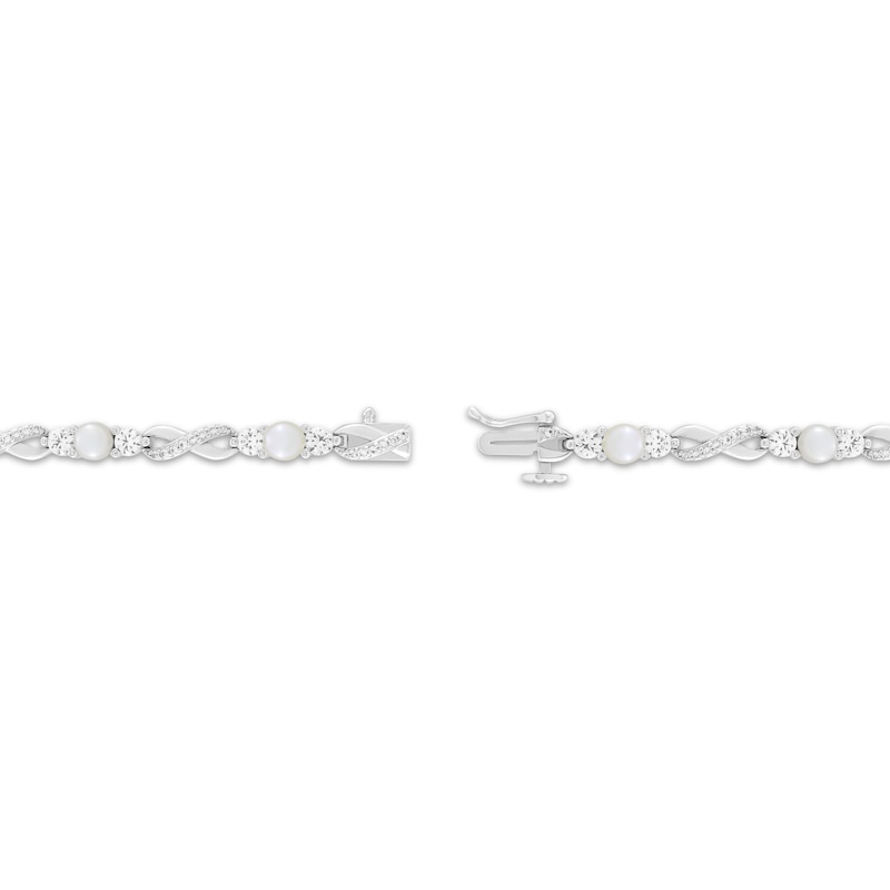 Main Image 2 of Cultured Pearl & White Lab-Created Sapphire Crisscross Link Bracelet Sterling Silver 7.25&quot;