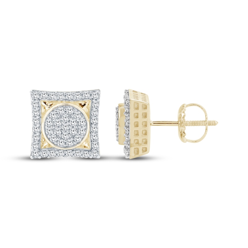 Main Image 1 of Men's Multi-Diamond Center Square Stud Earrings 3/8 ct tw 10K Yellow Gold