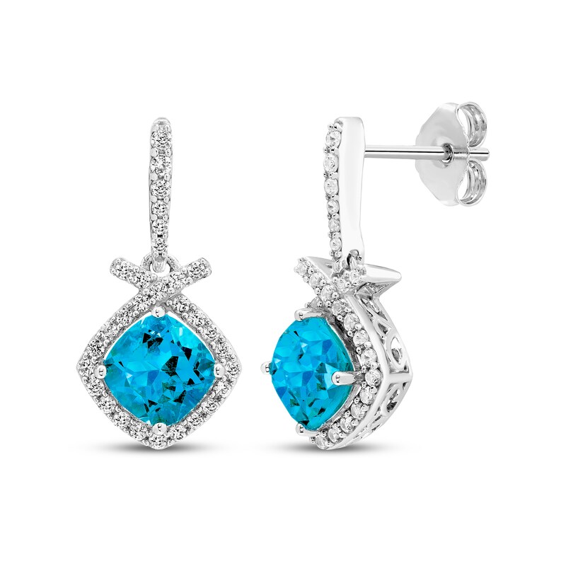 Main Image 1 of Cushion-Cut Swiss Blue Topaz & White Lab-Created Sapphire Drop Earrings Sterling Silver