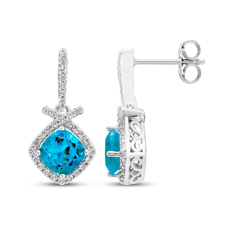 Main Image 3 of Cushion-Cut Swiss Blue Topaz & White Lab-Created Sapphire Drop Earrings Sterling Silver