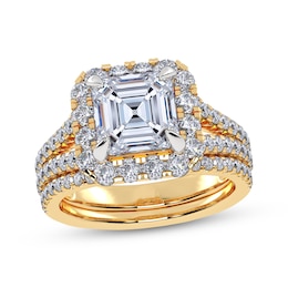 Adore Square Emerald-Cut Lab-Grown Diamond Halo Split Shank Bridal Set 3 ct tw 14K Yellow Gold