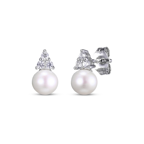 Cultured Pearl & Round-Cut White Lab-Created Sapphire Stud Earrings Sterling Silver