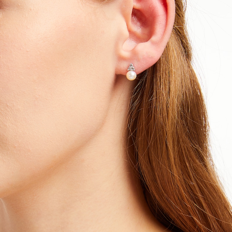 Main Image 4 of Cultured Pearl & Round-Cut White Lab-Created Sapphire Stud Earrings Sterling Silver