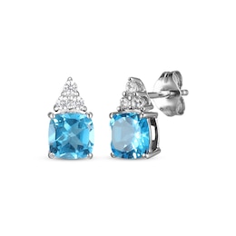 Cushion-Cut Swiss Blue Topaz & White Lab-Created Sapphire Stud Earrings Sterling Silver