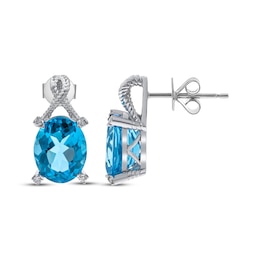 Oval-Cut Swiss Blue Topaz & Diamond Twist Rope Earrings 1/20 ct tw Sterling Silver