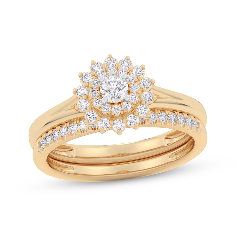 Main Image 1 of Round-Cut Diamond Sunburst Halo Bridal Set 1/2 ct tw 14K Yellow Gold