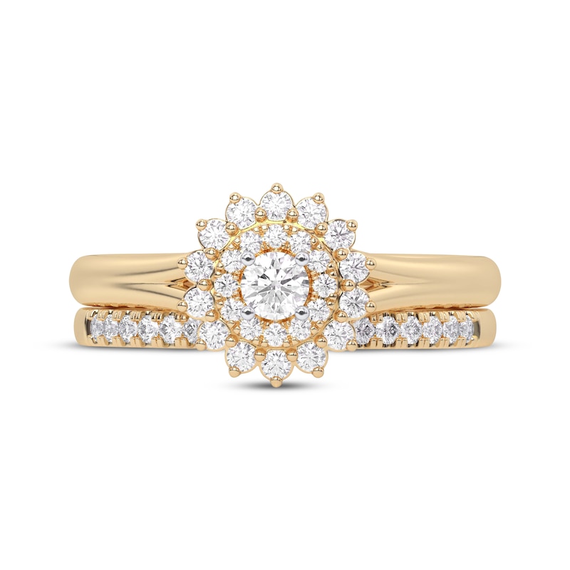 Main Image 3 of Round-Cut Diamond Sunburst Halo Bridal Set 1/2 ct tw 14K Yellow Gold