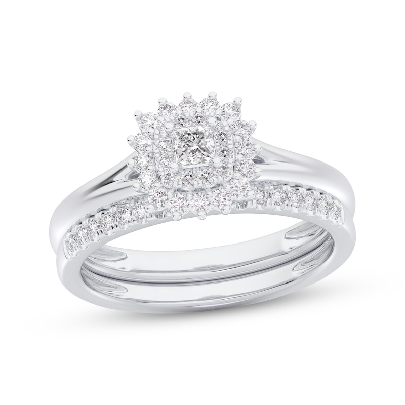 Main Image 1 of Princess-Cut Diamond Sunburst Halo Bridal Set 1/2 ct tw 14K White Gold