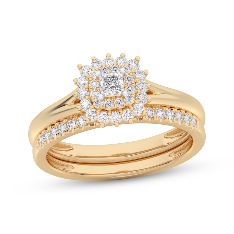 Main Image 1 of Princess-Cut Diamond Sunburst Halo Bridal Set 1/2 ct tw 14K Yellow Gold