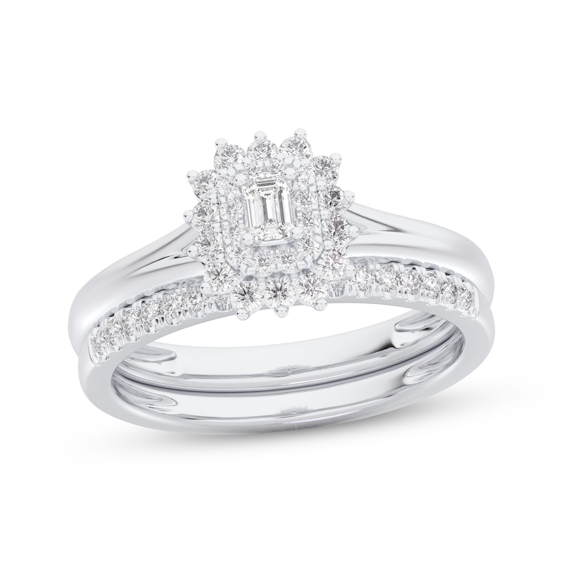 Main Image 1 of Emerald-Cut Diamond Starburst Halo Bridal Set 1/2 ct tw 14K White Gold