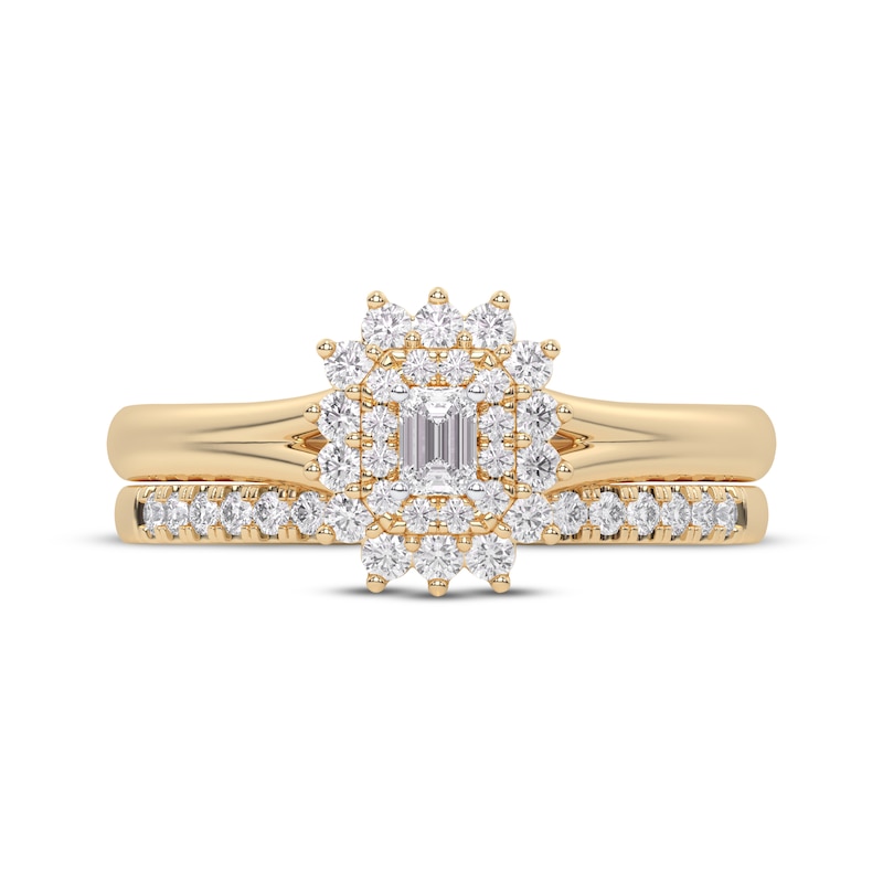 Main Image 3 of Emerald-Cut Diamond Starburst Halo Bridal Set 1/2 ct tw 14K Yellow Gold