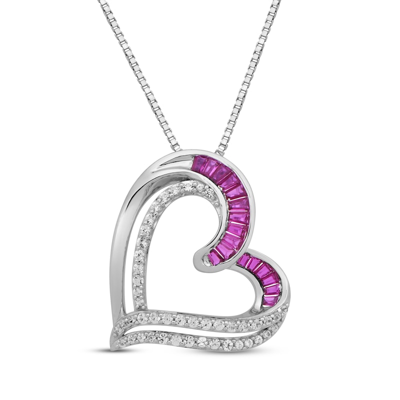 Main Image 1 of Baguette-Cut Lab-Created Ruby & White Lab-Created Sapphire Tilted Heart Necklace Sterling Silver 18&quot;