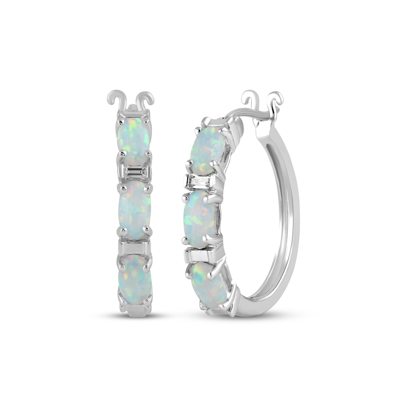 Main Image 1 of Oval-Cut Lab-Created Opal & Diamond Accent Hoop Earrings Sterling Silver