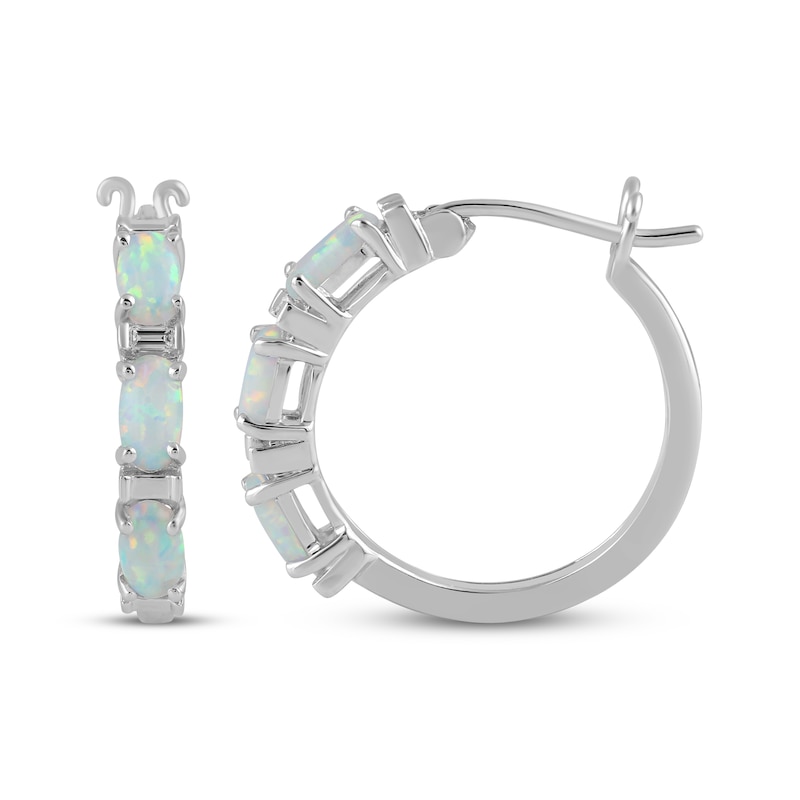 Main Image 3 of Oval-Cut Lab-Created Opal & Diamond Accent Hoop Earrings Sterling Silver