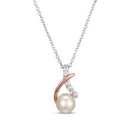 Cultured Pearl & White Lab-Created Sapphire Crossover Necklace Sterling Silver & 10K Rose Gold 18&quot;