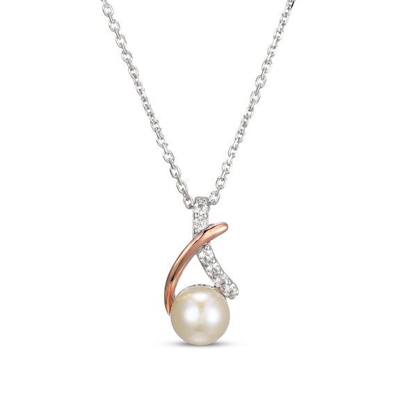 Cultured Pearl & White Lab-Created Sapphire Crossover Necklace Sterling Silver & 10K Rose Gold 18"