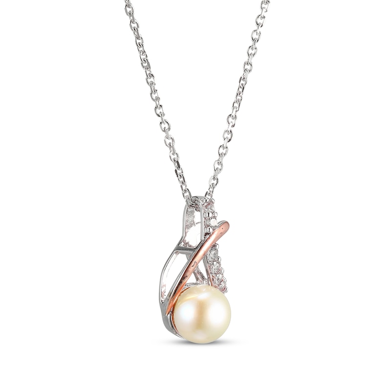 Main Image 2 of Cultured Pearl & White Lab-Created Sapphire Crossover Necklace Sterling Silver & 10K Rose Gold 18&quot;