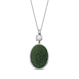 Oval-Shaped Nephrite Jade, Cultured Pearl & White Topaz Necklace Sterling Silver 18&quot;