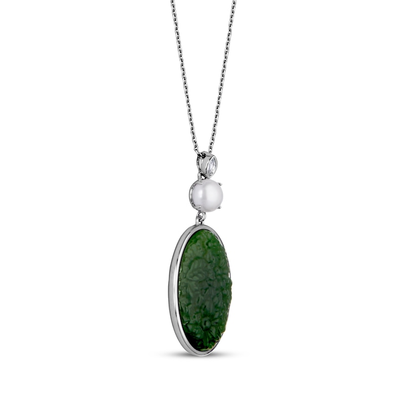 Main Image 2 of Oval-Shaped Nephrite Jade, Cultured Pearl & White Topaz Necklace Sterling Silver 18&quot;