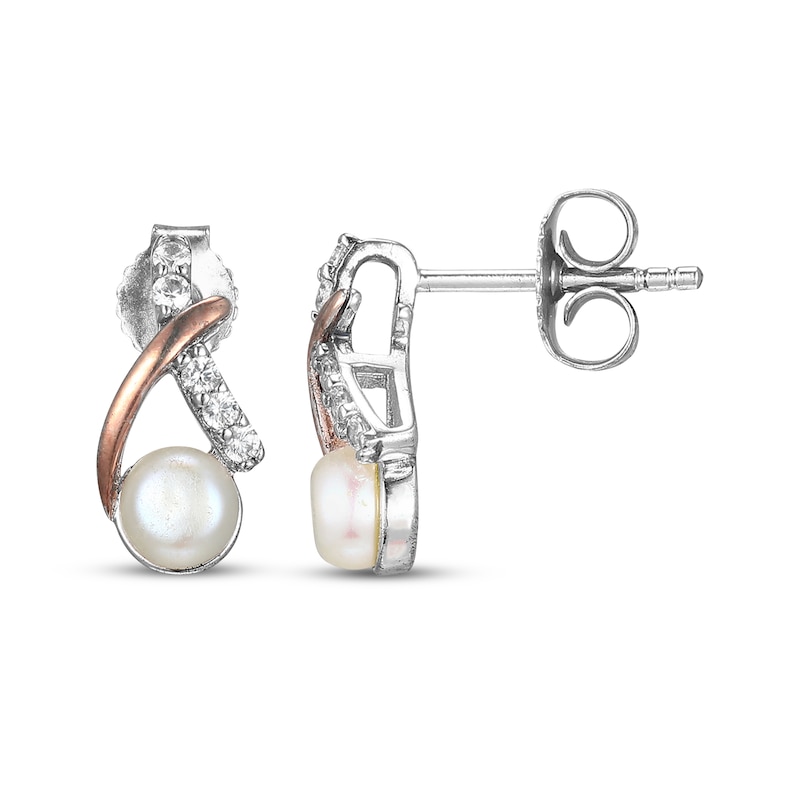 Main Image 3 of Cultured Pearl & White Lab-Created Sapphire Crossover Earrings Sterling Silver & 10K Rose Gold