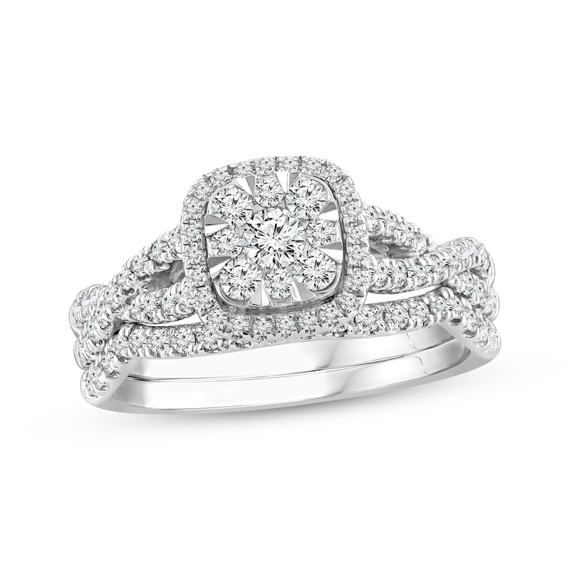 Main Image 1 of Multi-Diamond Cushion Halo Twist Shank Bridal Set 3/4 ct tw 14K White Gold