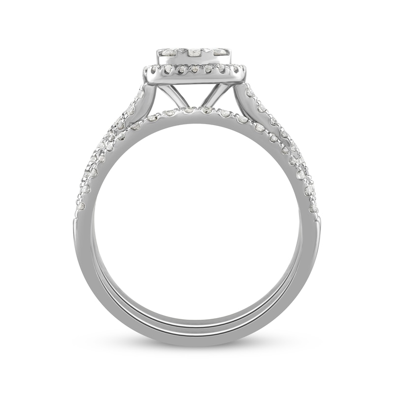 Main Image 3 of Multi-Diamond Cushion Halo Twist Shank Bridal Set 3/4 ct tw 14K White Gold