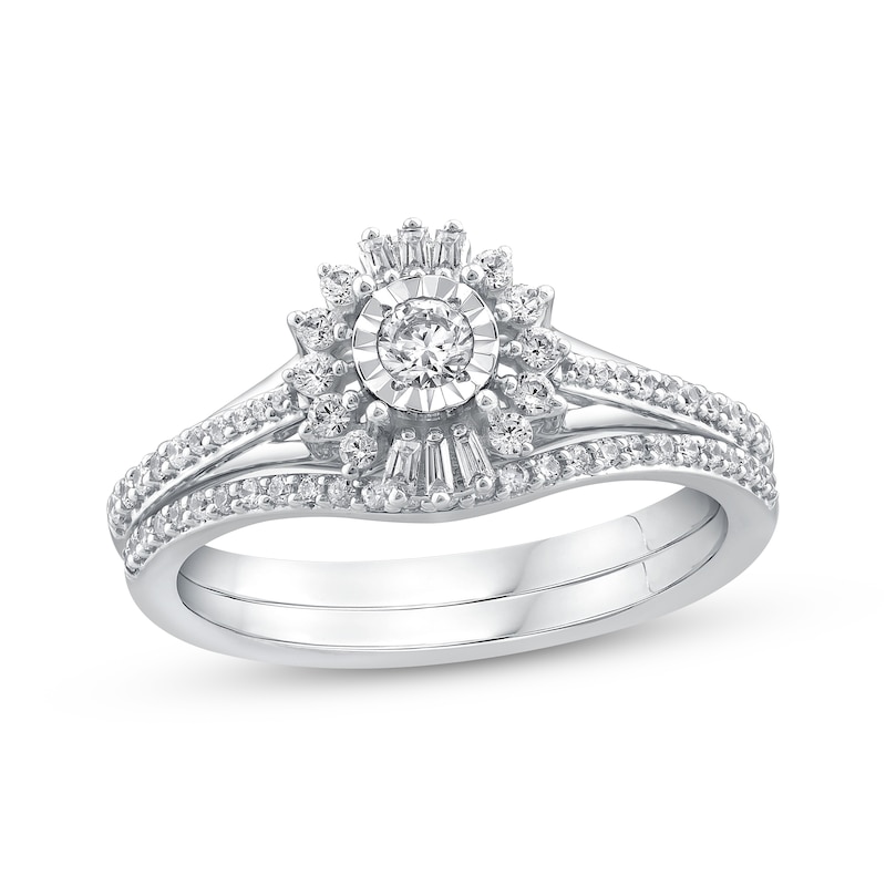 Main Image 1 of Round-Cut Diamond Starburst Halo Bridal Set 3/8 ct tw 14K White Gold