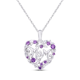 Amethyst &quot;Mom&quot; Floral Heart Necklace Sterling Silver 18&quot;