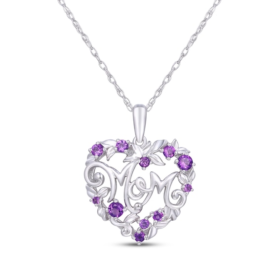 Amethyst "Mom" Floral Heart Necklace Sterling Silver 18"