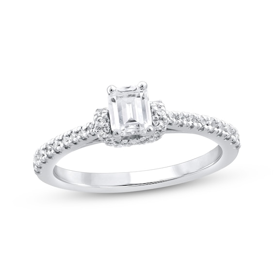 Emerald-Cut Diamond Draped Halo Engagement Ring 3/4 ct tw 14K White Gold