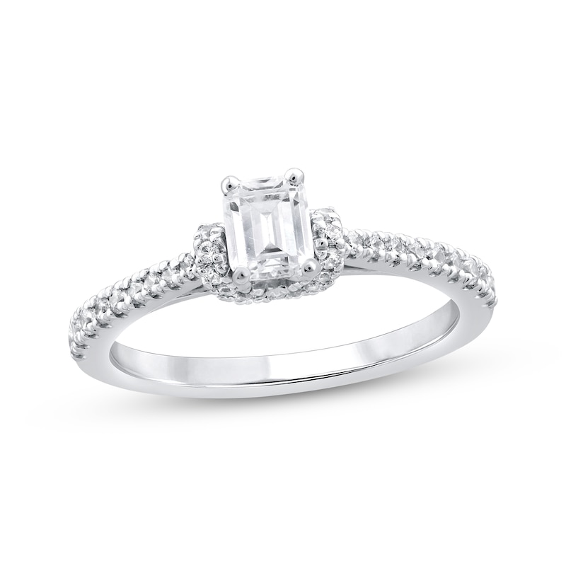 Main Image 1 of Emerald-Cut Diamond Draped Halo Engagement Ring 3/4 ct tw 14K White Gold