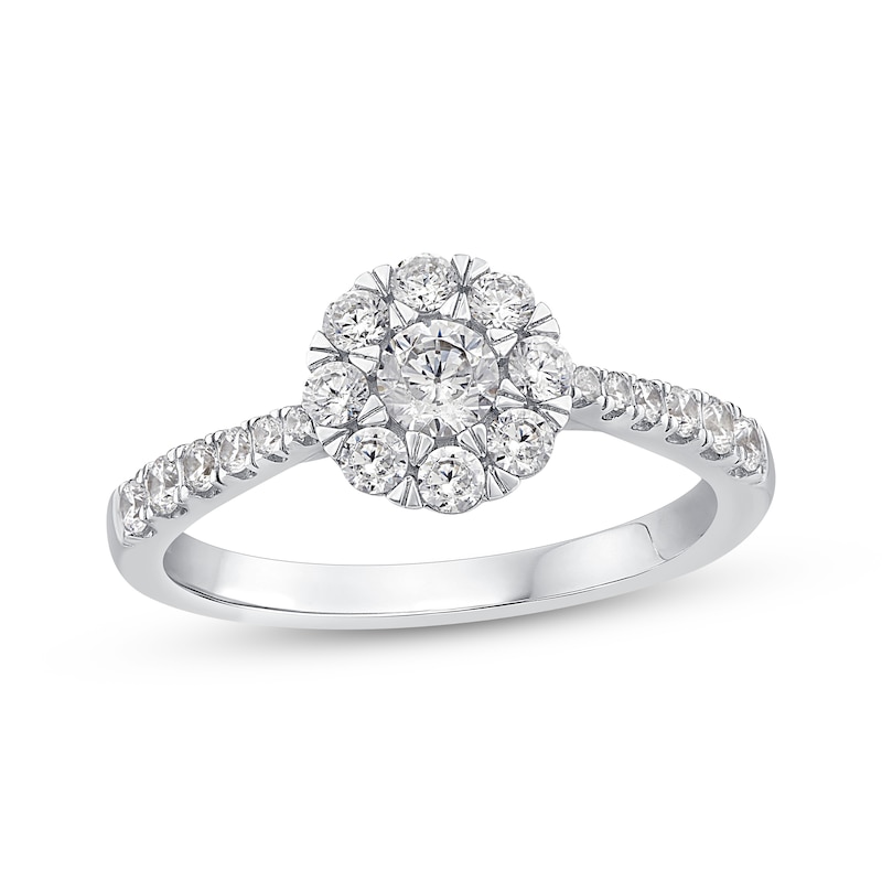 Main Image 1 of Round-Cut Diamond Halo Pinched Shank Engagement Ring 5/8 ct tw 14K White Gold