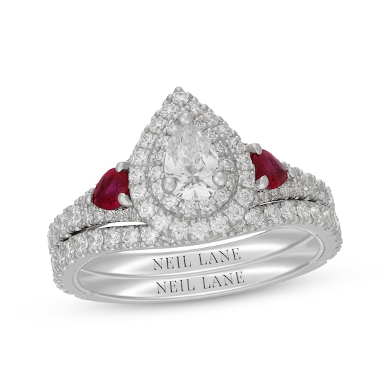 Neil Lane Pear-Shaped Diamond & Natural Ruby Bridal Set 1-1/6 ct tw 14K White Gold