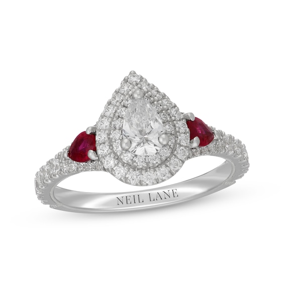 Neil Lane Pear-Shaped Diamond & Natural Ruby Double Halo Engagement Ring 7/8 ct tw 14K White Gold