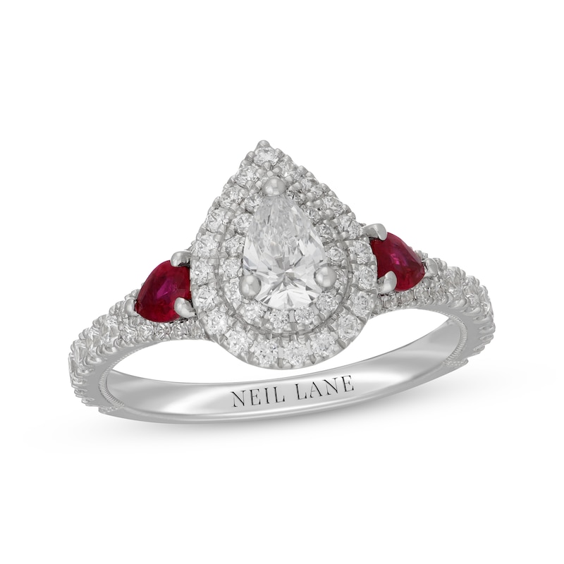 Main Image 1 of Neil Lane Pear-Shaped Diamond & Natural Ruby Double Halo Engagement Ring 7/8 ct tw 14K White Gold