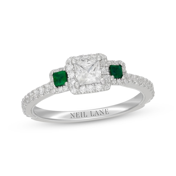 Neil Lane Princess-Cut Diamond & Natural Emerald Three-Stone Engagement Ring 3/4 ct tw 14K White Gold