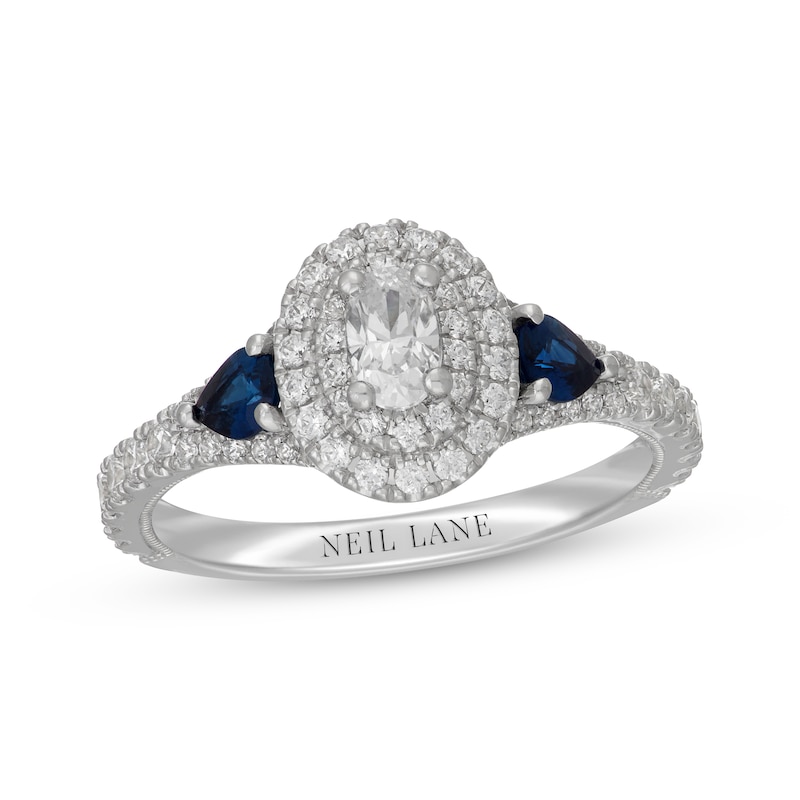 Main Image 1 of Neil Lane Oval-Cut Diamond & Natural Sapphire Double Halo Engagement Ring 7/8 ct tw 14K White Gold