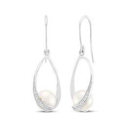 Cultured Pearl & White Lab-Created Sapphire Oval Twist Frame Dangle Earrings Sterling Silver