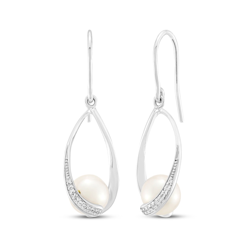 Main Image 1 of Cultured Pearl & White Lab-Created Sapphire Oval Twist Frame Dangle Earrings Sterling Silver