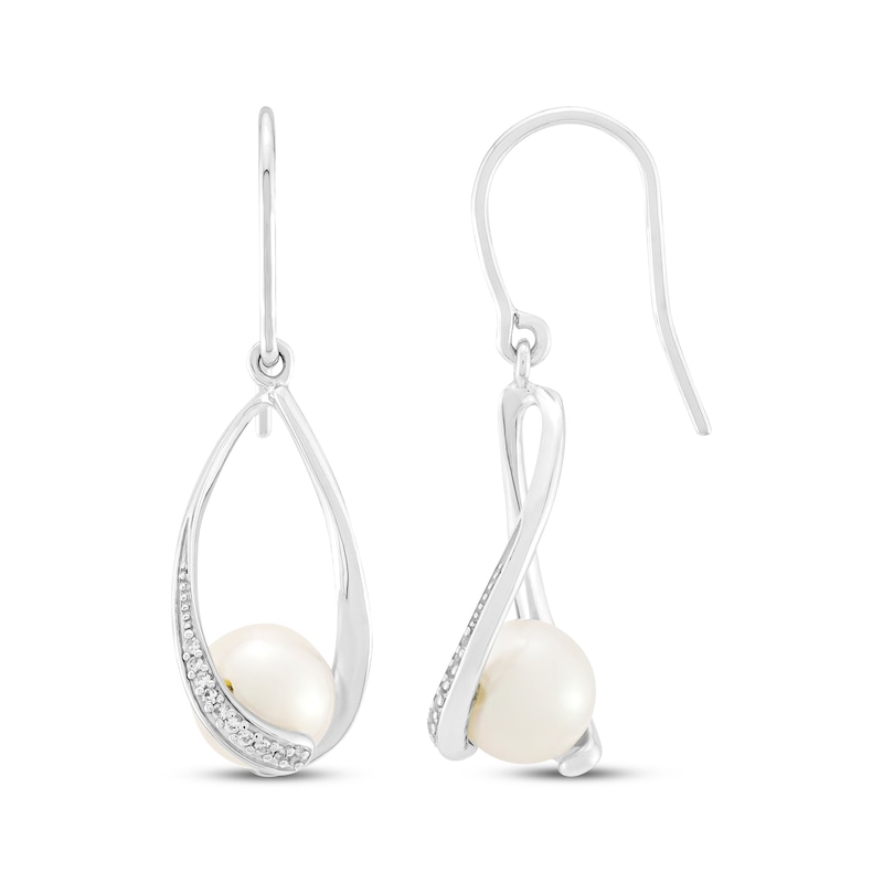 Main Image 3 of Cultured Pearl & White Lab-Created Sapphire Oval Twist Frame Dangle Earrings Sterling Silver