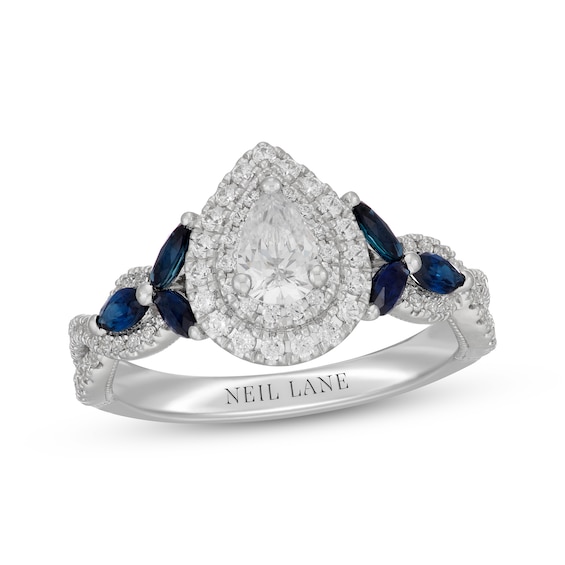 Neil Lane Pear-Shaped Diamond & Natural Sapphire Double Halo Engagement Ring 3/4 ct tw 14K White Gold
