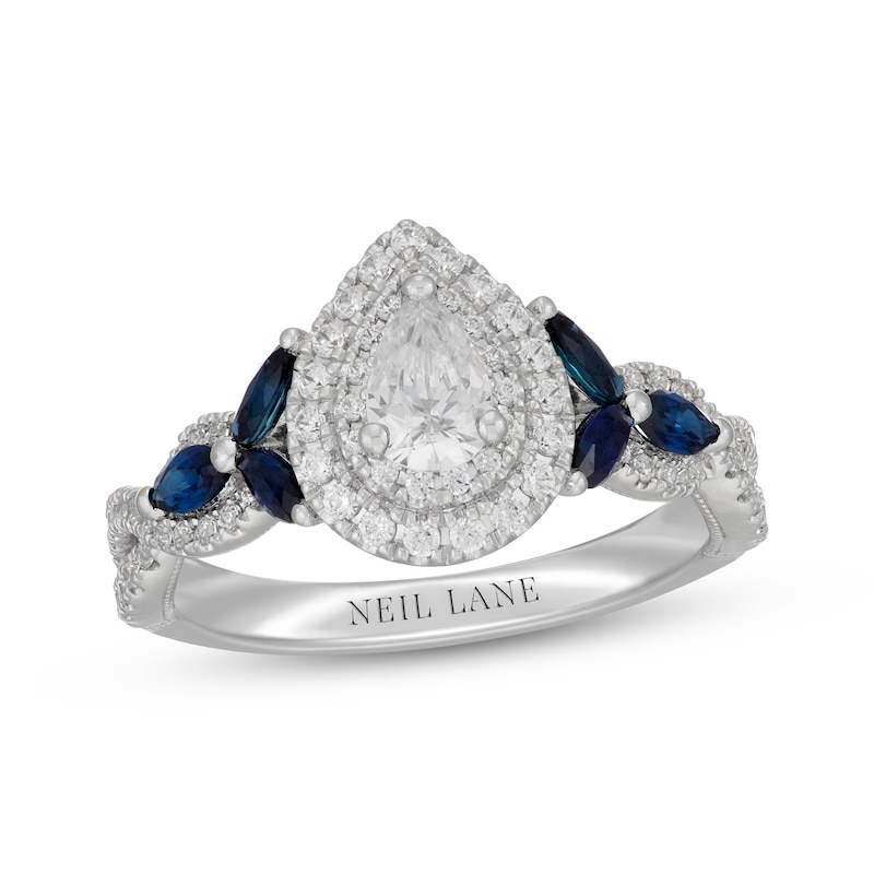 Main Image 1 of Neil Lane Pear-Shaped Diamond & Natural Sapphire Double Halo Engagement Ring 3/4 ct tw 14K White Gold