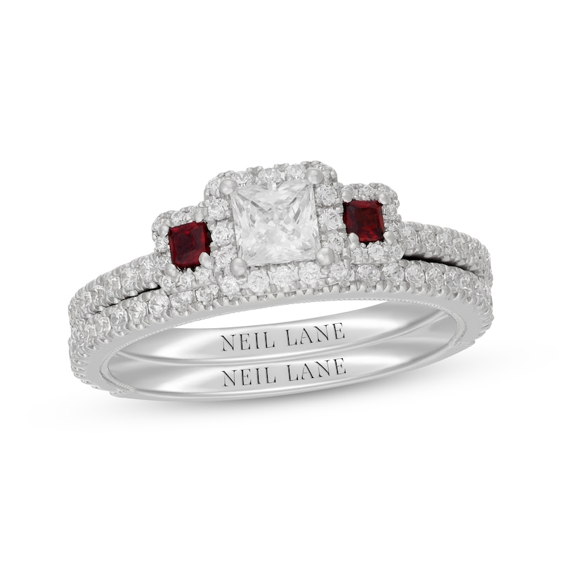 Main Image 1 of Neil Lane Princess-Cut Diamond & Natural Ruby Bridal Set 1 ct tw 14K White Gold