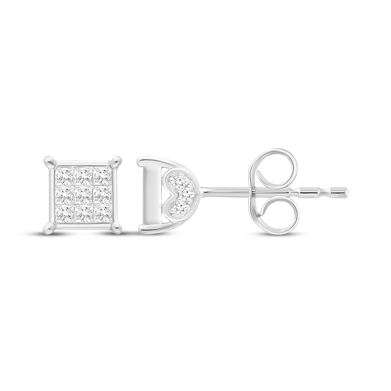 Main Image 1 of Princess-Cut Diamond Square Stud Earrings with Heart Sides 5/8 ct tw 10K White Gold