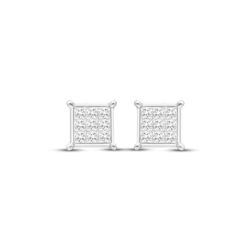 Main Image 2 of Princess-Cut Diamond Square Stud Earrings with Heart Sides 5/8 ct tw 10K White Gold